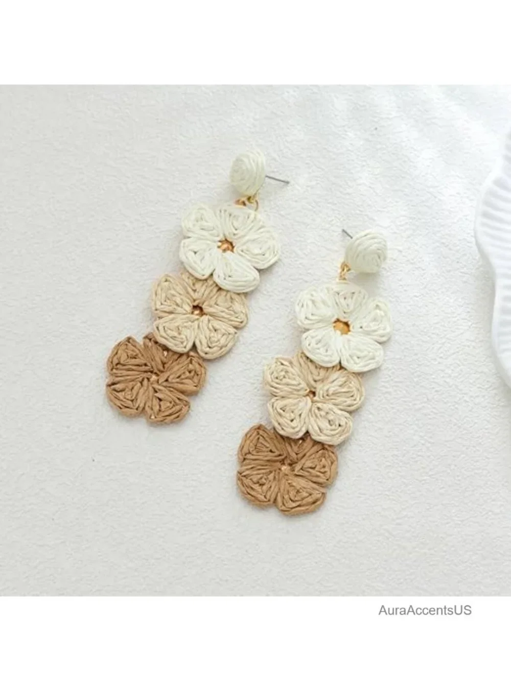 Handmade Raffia Flower Dangle Earrings Boho Statement Straw Rattan Jewelry